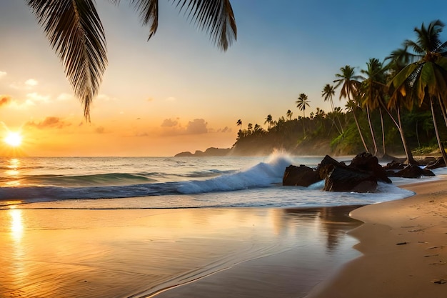 Una playa al atardecer con palmeras y un atardecer de fondo