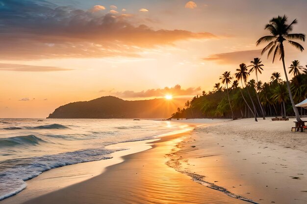 Una playa al atardecer con palmeras y un atardecer de fondo.