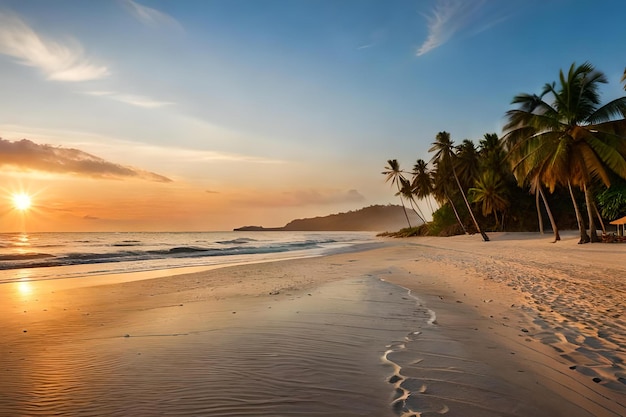 Una playa al atardecer con palmeras y un atardecer de fondo