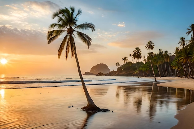 Una playa al atardecer con palmeras y un atardecer de fondo