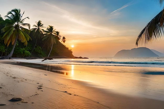 Una playa al atardecer con palmeras y un atardecer de fondo