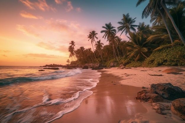 Una playa al atardecer con palmeras y un atardecer de fondo