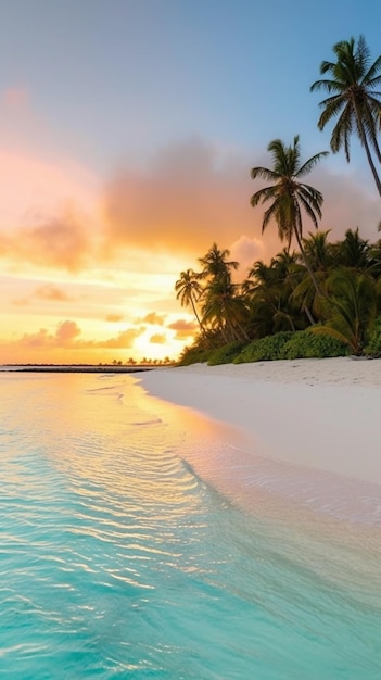 Una playa al atardecer con palmeras y un atardecer de fondo