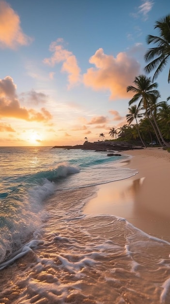 Una playa al atardecer con palmeras y un atardecer de fondo.