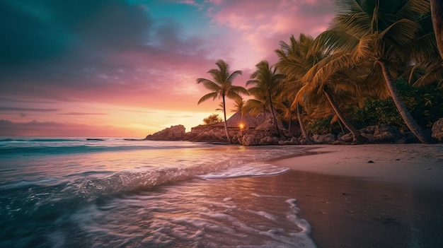 Una playa al atardecer con palmeras y un cielo rosa.