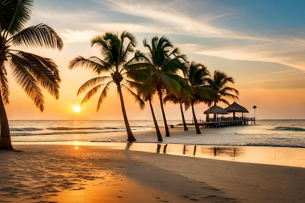 Una playa al atardecer con palmeras y un muelle en primer plano.