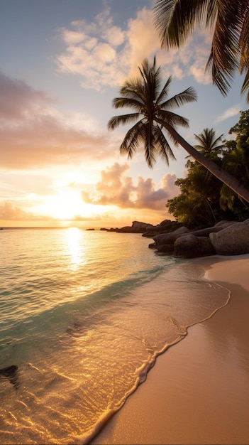 Una playa al atardecer con palmeras en la playa.