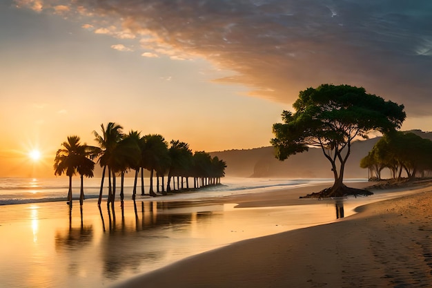 Una playa al atardecer con palmeras en primer plano