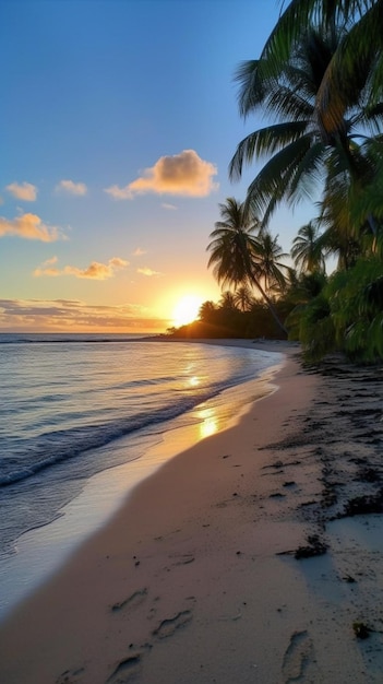 La playa al atardecer con palmeras en primer plano