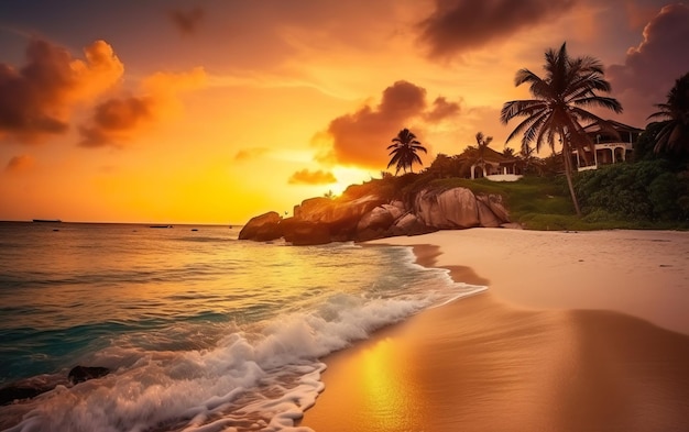 Una playa al atardecer con palmeras y una puesta de sol.