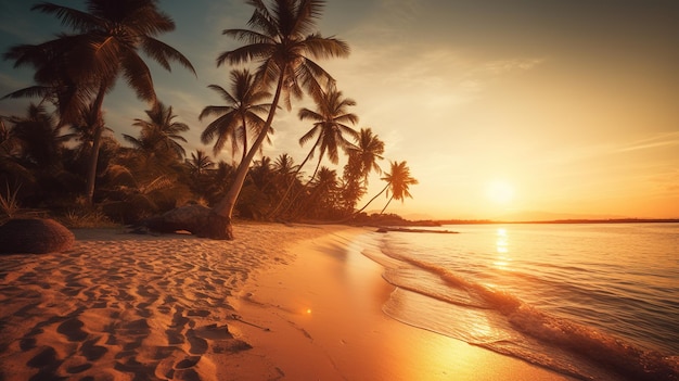 Una playa al atardecer con palmeras y puesta de sol.