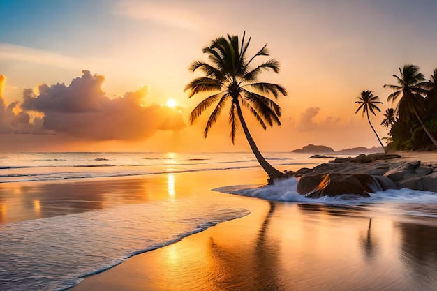 Una playa al atardecer con palmeras y puesta de sol.