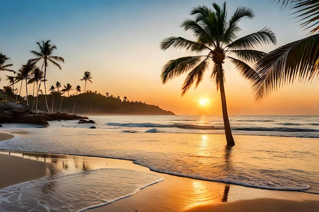 Una playa al atardecer con palmeras y puesta de sol.