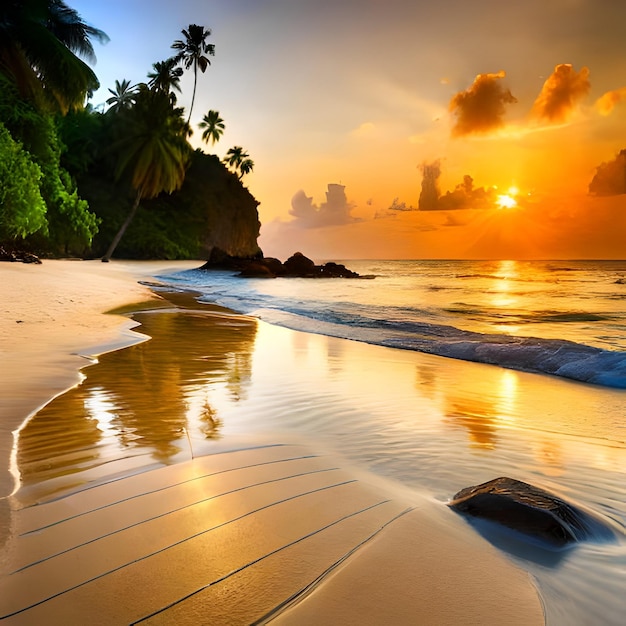 Una playa al atardecer con palmeras y una roca en la arena.