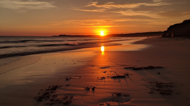 Una playa al atardecer con la puesta de sol en el horizonte.