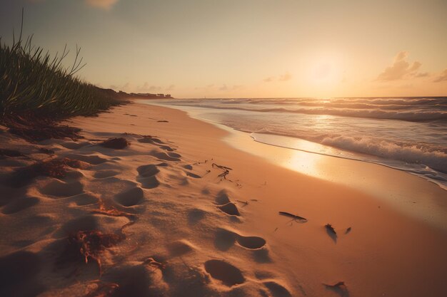 Una playa al atardecer con el sol poniéndose sobre el agua