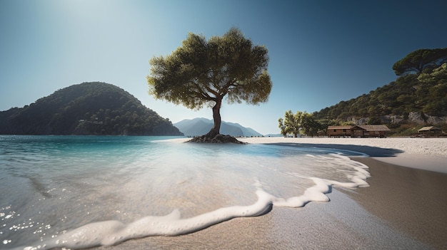 Una playa con un árbol en el agua.