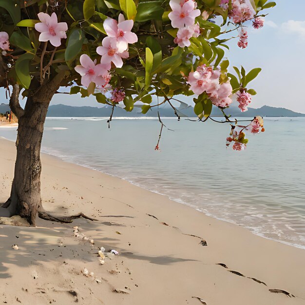 una playa con un árbol y el océano en el fondo