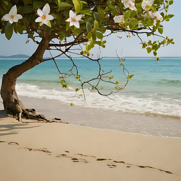 una playa con un árbol y el océano en el fondo