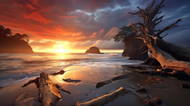 Foto playa con árbol y puesta de sol dorada