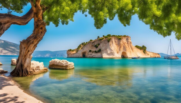 Foto una playa con un árbol y rocas en el agua