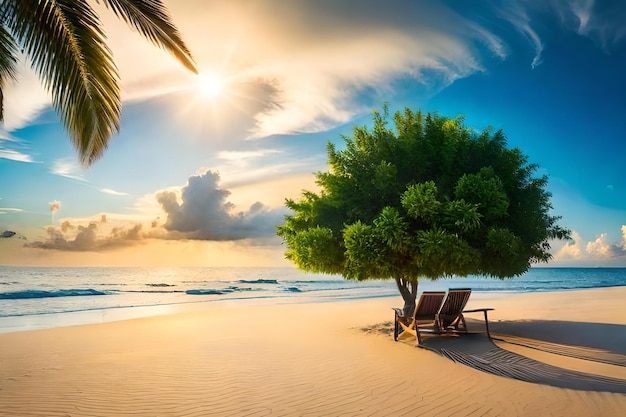 Una playa con un árbol y una silla encima.