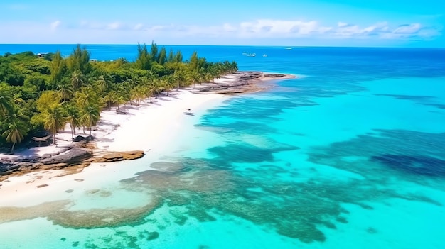 Una playa con árboles y agua azul