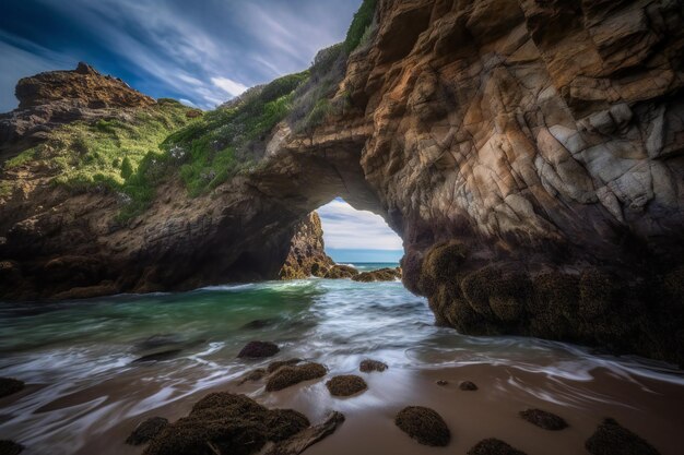 Una playa con un arco natural al fondo