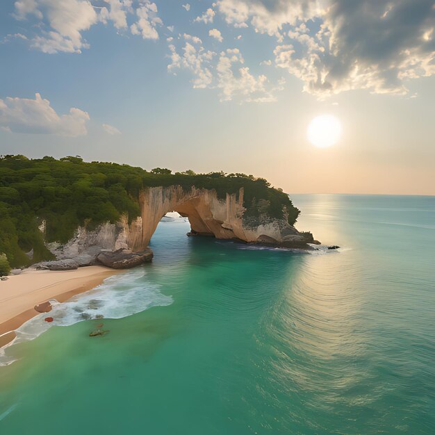 Foto una playa con un arco natural que tiene una playa en el medio