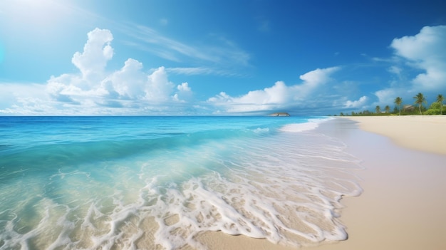 Una playa de arena con agua azul y arena blanca.