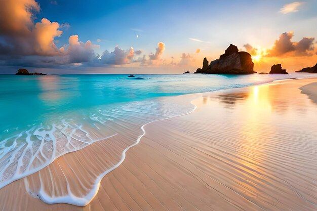 Foto playa de arena blanca con agua azul clara.