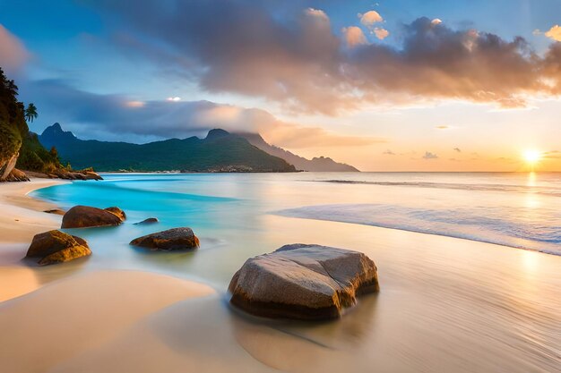 Playa de arena blanca con agua azul clara.