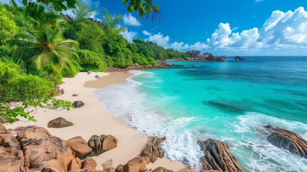 Foto playa con arena blanca, agua turquesa y palmeras verdes