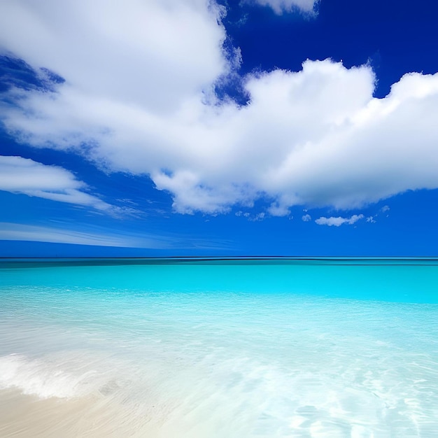 Una playa de arena blanca con un cielo azul y nubes blancas de fondo.