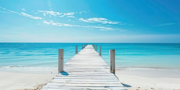 Una playa de arena blanca con un cielo azul tiene un muelle de madera que conduce al océano