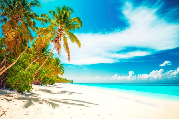 Playa de arena blanca con palmeras en la isla tropical de Maldivas