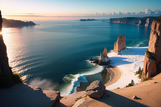 Una playa de arena blanca y una playa de arena blanca con un cielo azul y el mar de fondo.