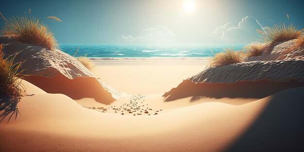 La playa de arena brillante, el sol en el fondo, el verano en el fondo.