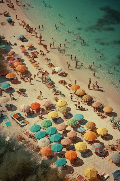 Playa de arena concurrida con turistas relajándose junto al mar creada con IA generativa