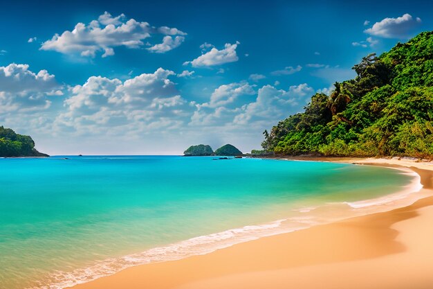 playa de arena donde una isla exuberante se brilla en el resplandor de un cielo de verano