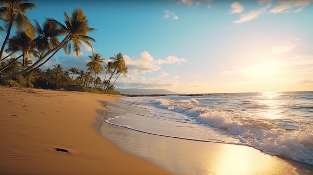 Playa de arena dorada con palmeras balanceadas y olas suaves besando la orilla