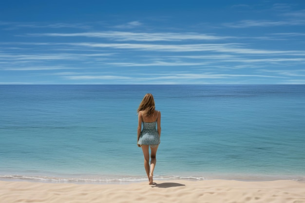 playa de arena con mujer y mar azul como fondo