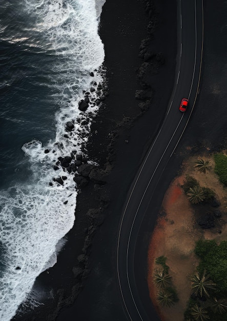 Playa de arena negra con carretera y coche rojo en vacaciones de viaje fondo de pantalla Generative Ai