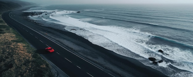 Playa de arena negra con coche rojo en carretera panorama aéreo Generativo Ai