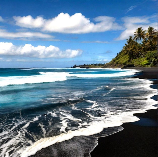 una playa de arena negra con una costa de arena negra y palmeras