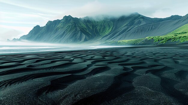 una playa de arena negra con una montaña verde en el fondo