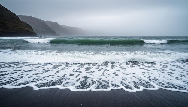 Foto una playa de arena negra con una ola chocando contra ella