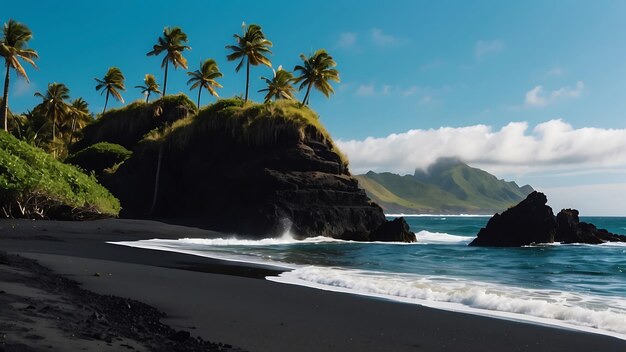 una playa de arena negra con palmeras y montañas en el fondo