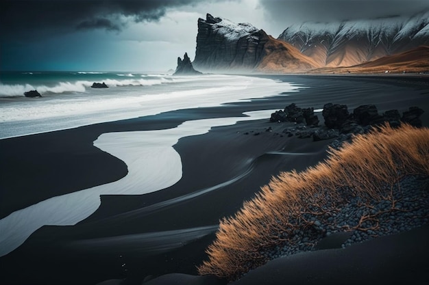 Una playa de arena negra con una playa de arena negra y un cielo nublado.