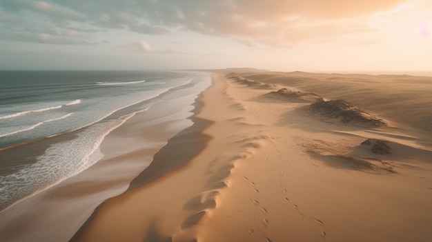 Una playa con arena y olas al atardecer